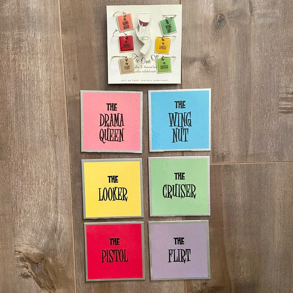 Tie One On Set of 6 Wine Glass Charms with Matching Coasters